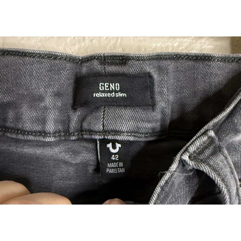 True Religion Mens 42 Geno Relaxed Slim Jeans Gray‎ Flap Pocket Horseshoe Denim